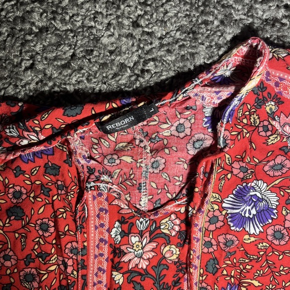 Reborn New York Womens Cold Shoulder 100% Rayon Tunic Size L Boho Floral Red - Picture 2 of 6
